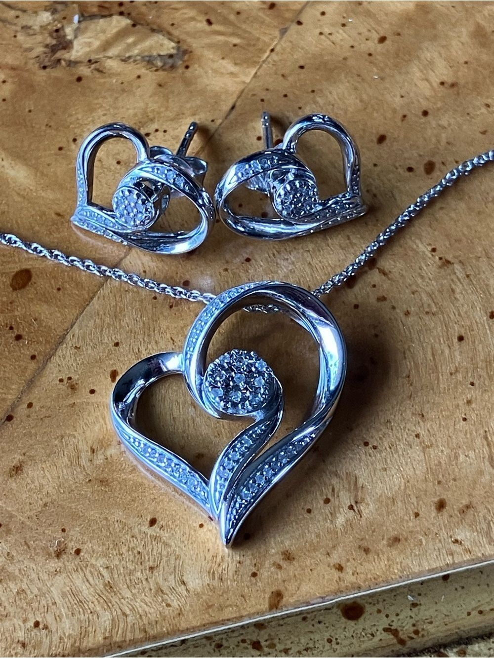 Natural White Diamond Heart Necklace and Earring Set